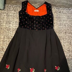 Charming Black Dress drindl dress with handmade Red Rose Embroidery